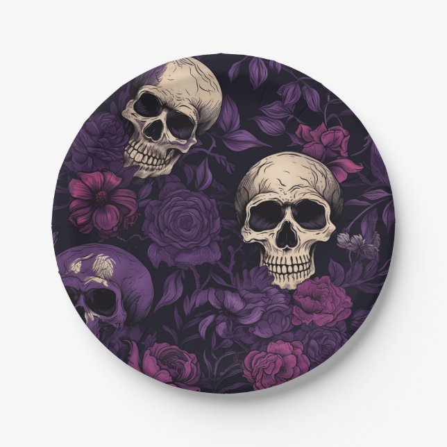 Lila Blumengoth Skull Halloween Pappteller (Vorderseite)