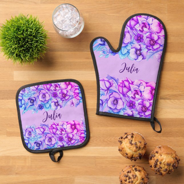 Lila Blumengrenzen - Name hinzufügen Ofenhandschuh & Topflappen-Set (Oben Unten)