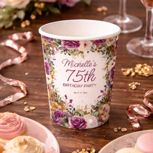 Lila Blumengrün-Blätter 75. Geburtstag Pappbecher