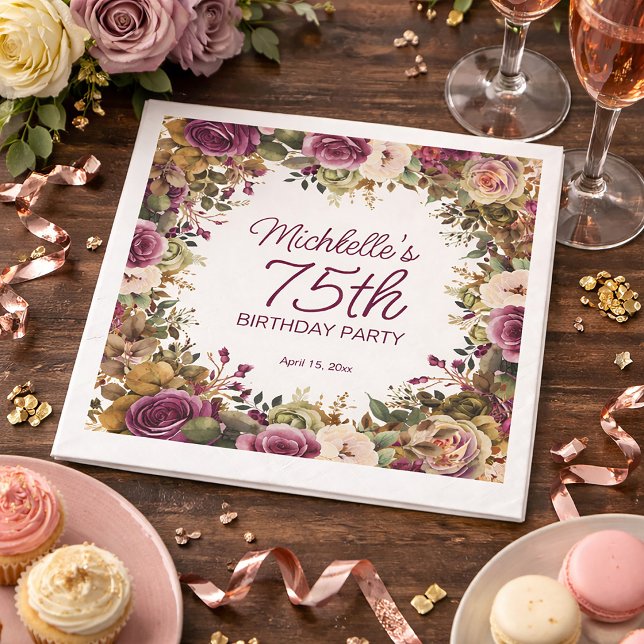 Lila Blumengrün-Blätter 75. Geburtstag Serviette (Purple floral 75th birthday party paper napkins)