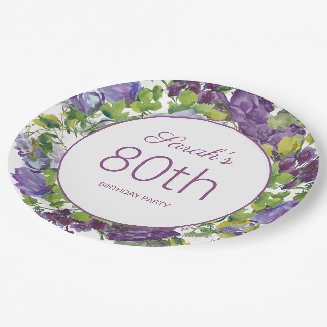 Lila Blumengrün Blätter Wein 80. Geburtstag Pappteller (Schrägansicht)