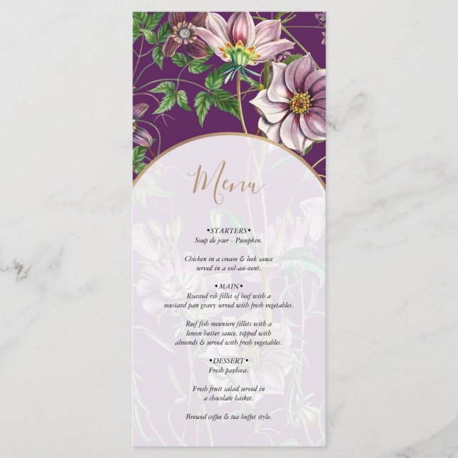 Lila Blumengrün Goldmedaille Hochzeit Menükarte (Vorderseite)