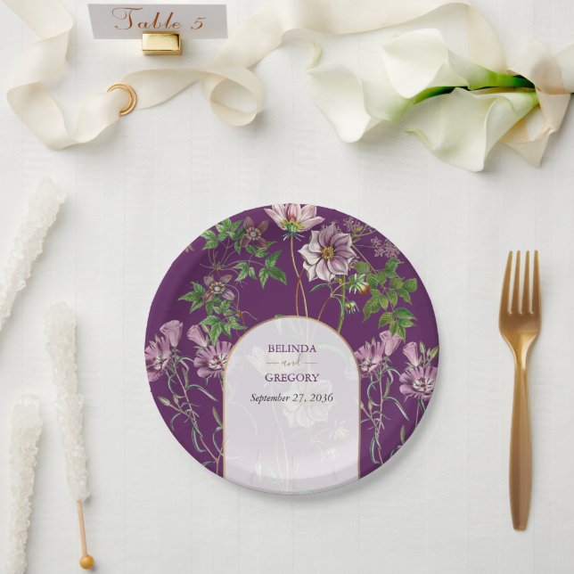 Lila Blumengrün Goldmedaille Hochzeit Pappteller (Hochzeit)