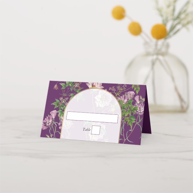 Lila Blumengrün Goldmedaille Hochzeit Platzkarte (Vorderseite)