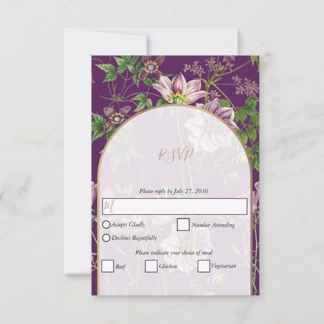 Lila Blumengrün Goldmedaille Hochzeit RSVP Karte (Vorderseite)