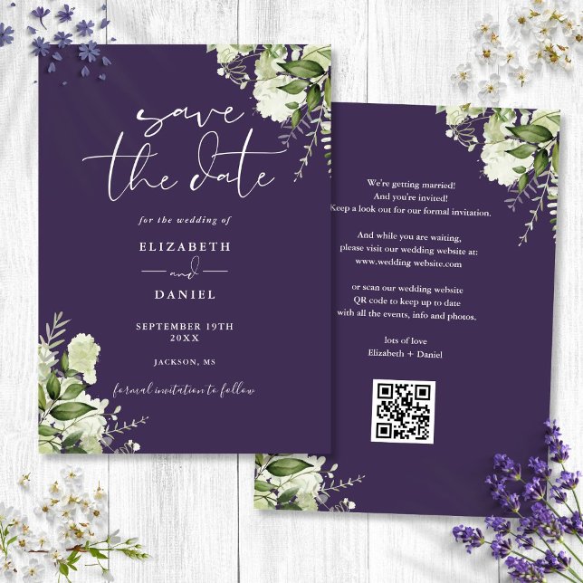 Lila Blumengrün QR Hochzeit Save The Date (Purple Floral Greenery QR Code Wedding Save The Date)