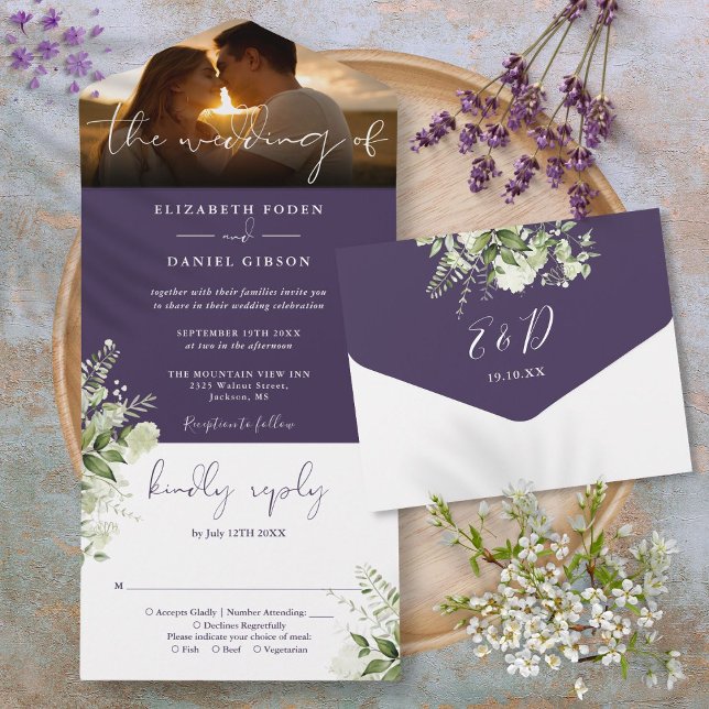 Lila Blumengrün Script Hochzeitszitat Foto All In One Einladung (Purple Floral Greenery Script Wedding Photo All In One Invitation)