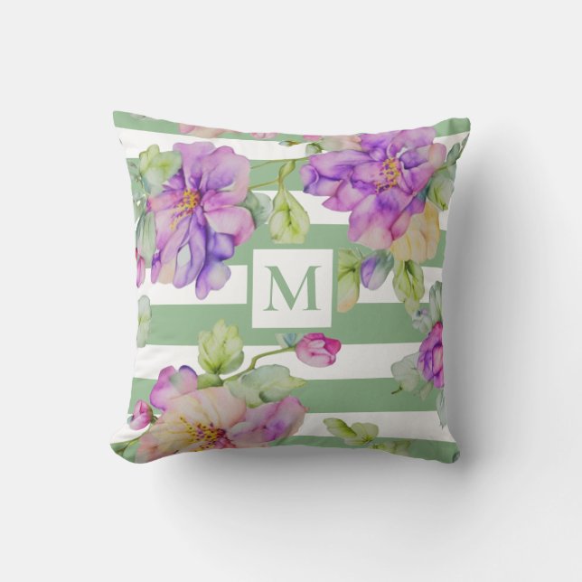 Lila, blumengrüne Streifen Kissen (Vorderseite)