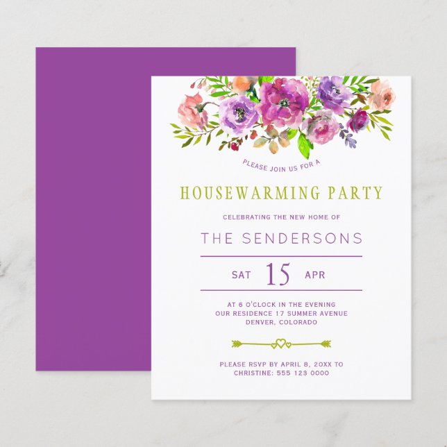 Lila Blumenhaus Party Einladung (Vorne/Hinten)