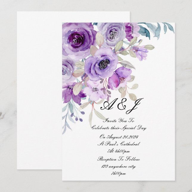 lila Blumenhochzeit Einladung (Vorne/Hinten)