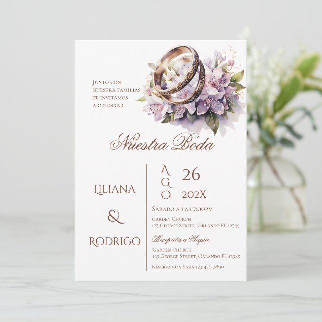Lila Blumenhochzeit Einladung mit Rings (Stehend Vorderseite)