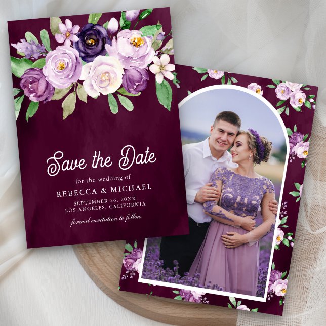 Lila Blumenhochzeit mit dunklem Foto Save The Date (Von Creator hochgeladen)