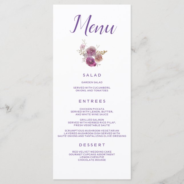 Lila Blumenhochzeitungs-Catering Menükarte (Vorderseite)