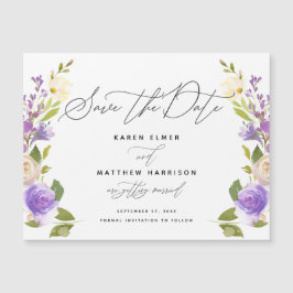 Lila Blumenkalligraphie Save the Date Magnetkarte