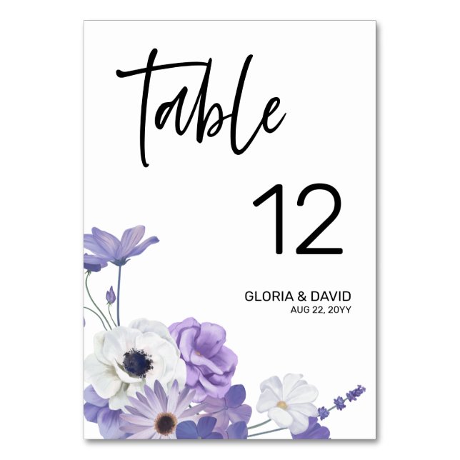 Lila Blumenkarte Tischnummer (Vorderseite)