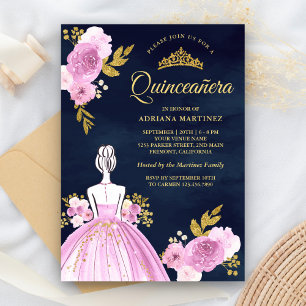 Lila Blumenkleid Marineblau Gold Quinceanera Einladung