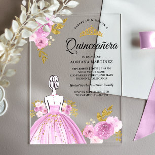 Lila Blumenkleid Prinzessin Gold Quinceanera Acryleinladungen
