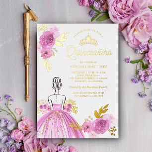 Lila Blumenkleid Prinzessin Quinceanera Gold Folieneinladung