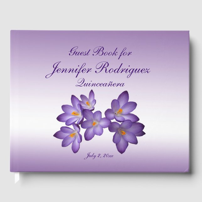 Lila Blumenkreuz Blume Quinceñera Gästebuch (Vorderseite)