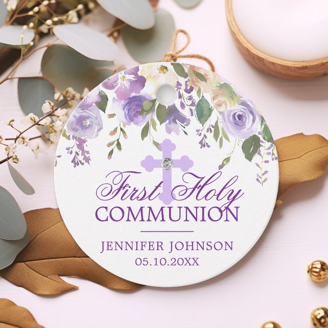 Lila Blumenkreuz Erste Heilige Kommune Vielen Dank Geschenkanhänger (Purple Floral Cross First Holy Communion Thank You Favor Tags)