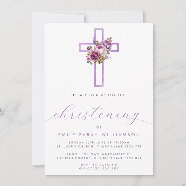 Lila Blumenkreuz Modernes Drehbuch Christening Einladung (Vorderseite)