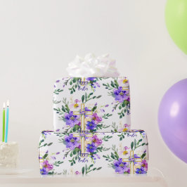 Lila Blumenkreuz Osterfest Geschenkpapier