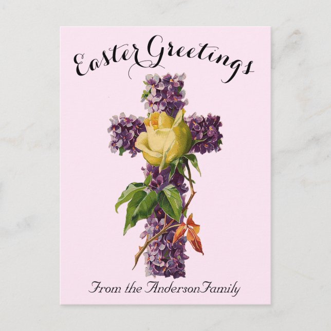 Lila Blumenkreuz Vintag Ostern Religiös Postkarte (Vorderseite)