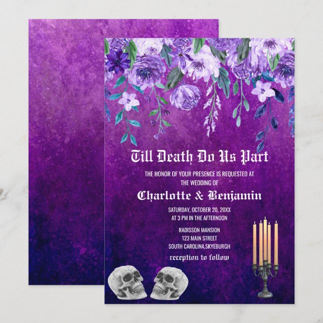 Lila Blumenkronenhochzeit Einladung (Vorne/Hinten)