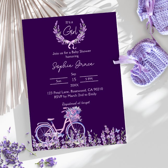 Lila Blumenlavender Bicycle Baby Dusche Einladung (Von Creator hochgeladen)