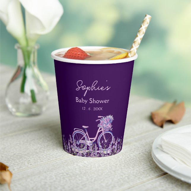 Lila Blumenlavender Bicycle Baby Dusche Pappbecher (In Situ)