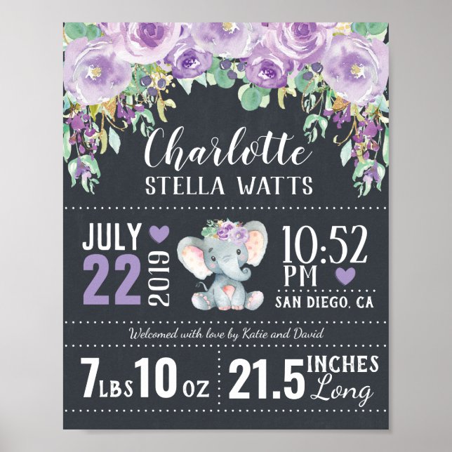 Lila Blumenlephant New Baby Girl Birth Stats Poster (Vorne)