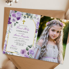 Lila Blumenmädchen Erste Heilige Kommunion Foto Einladung