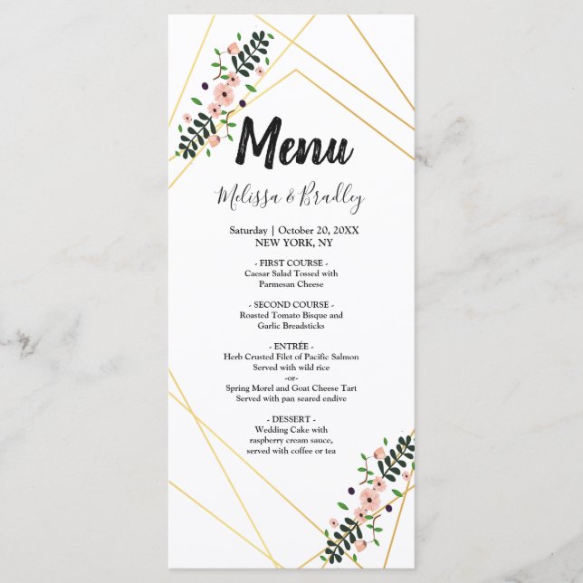 Lila Blumenmenü mit geometrischen Goldrahmen Programm (Vorderseite)