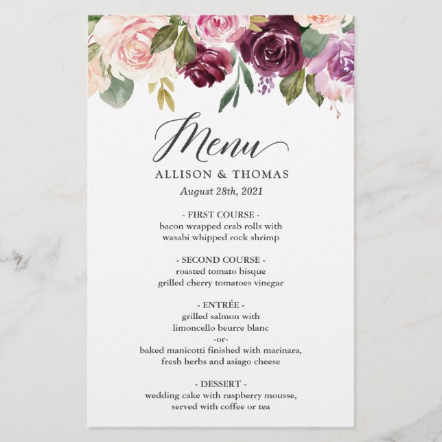Lila Blumenmenü zum Hochzeitsessen (Vorderseite)