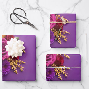 Lila Blumenmuster Geschenkpapier Set