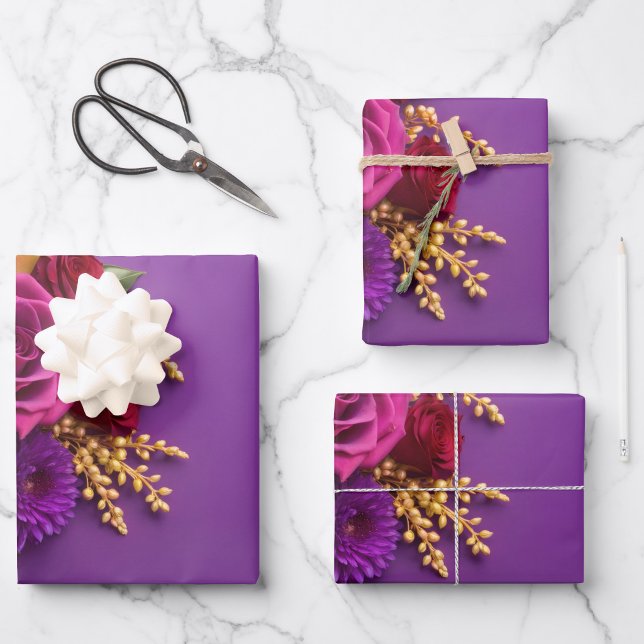 Lila Blumenmuster Geschenkpapier Set ("Rich purple florals that turn every gift into a showstopper")