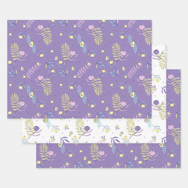 Lila Blumenmuster Geschenkpapier Set (Set)