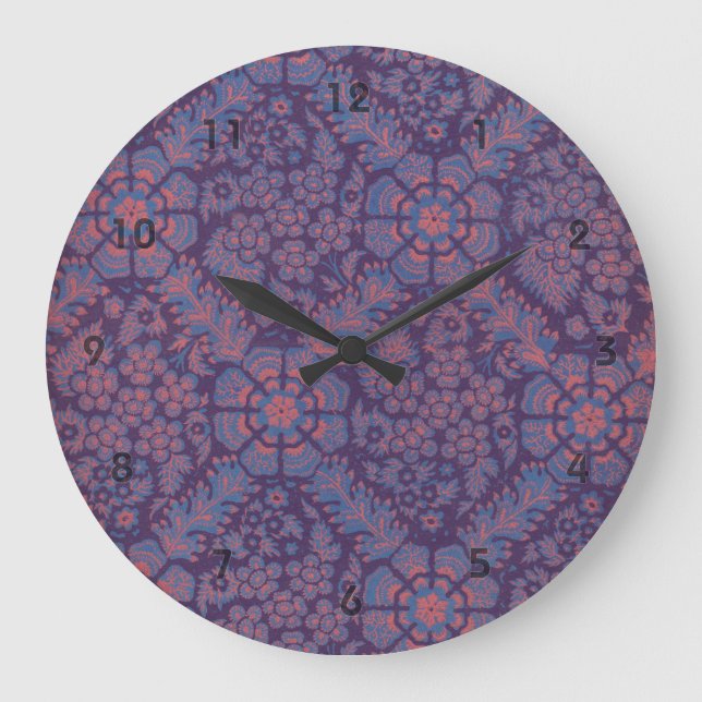 Lila Blumenmuster Große Wanduhr (Vorderseite)