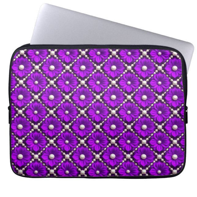 Lila Blumenmuster mit Perlen Laptopschutzhülle (Vorderseite)