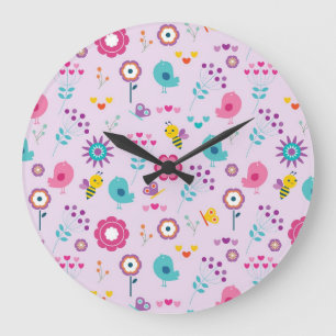 Lila Blumenmuster Niedlich Frühjahr und Sommeruhr Große Wanduhr