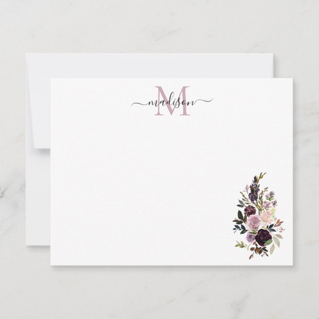 Lila Blumenmuster Rose Bouquet Monogramm Mitteilungskarte (Vorderseite)
