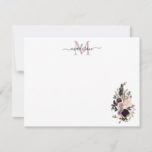 Lila Blumenmuster Rose Bouquet Monogramm Mitteilungskarte