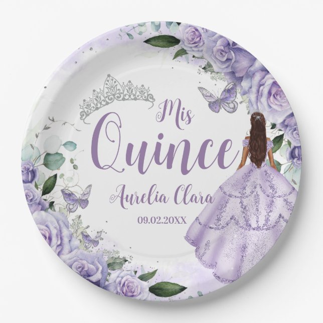 Lila BlumenPrinzessin Silver Quinceñera 16 15 Pappteller (Vorderseite)