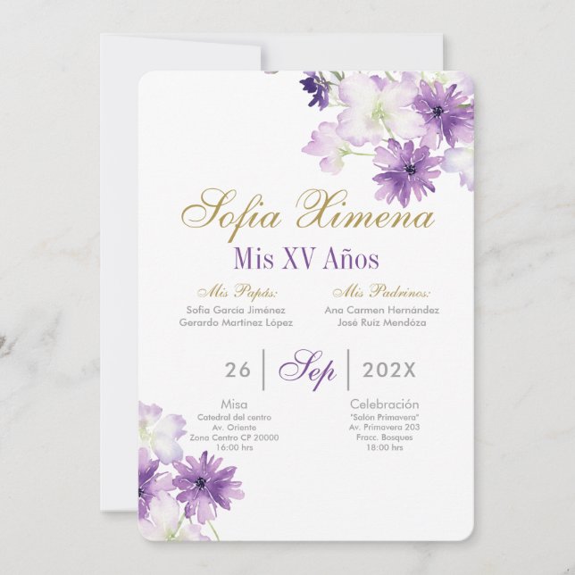 Lila Blumenquinceanera Einladung (Vorderseite)