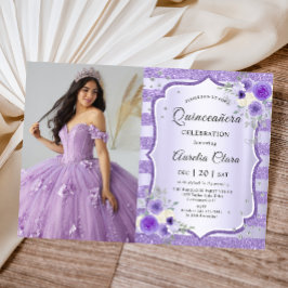 Lila Blumenquinceanera GeburtstagsFoto Einladung