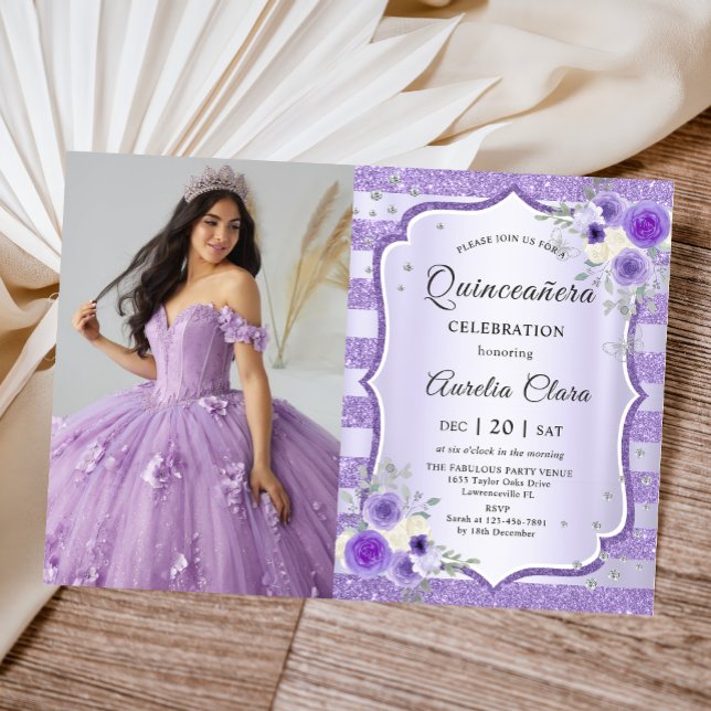 Lila Blumenquinceanera GeburtstagsFoto Einladung (Von Creator hochgeladen)