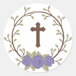 Lila Blumenreath Cross Taufen Christening Runder Aufkleber