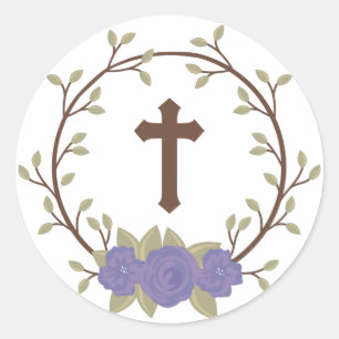 Lila Blumenreath Cross Taufen Christening Runder Aufkleber