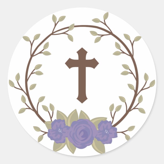 Lila Blumenreath Cross Taufen Christening Runder Aufkleber (Vorderseite)