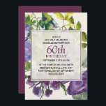 Lila Blumenrinde 60. Geburtstag Einladung<br><div class="desc">Lila Aquarellblüte mit grünen Blätter und Weinreben auf Elfenbein/Alabaster botanische 60. Geburtstagsgarten Party Einladung. Passen Sie Ihren eigenen Text an. Kontaktieren Sie mich,  um Hilfe bei Ihren Anpassungen zu erhalten oder um zusätzliche Matching oder Koordination von Zazzle Produkten für Ihre Veranstaltung zu beantragen.</div>